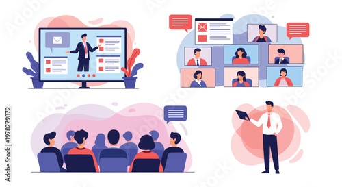 Scenes illustrating online seminars and video presentations and a business meeting with an audience and a professional speaker.
