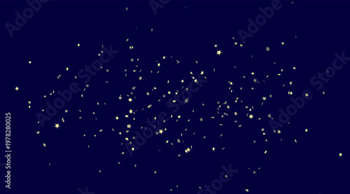 Golden star scatter illustration on a deep blue background. Sparkling night sky effect perfect for celestial themes, festive designs and magical backgrounds. Shimmering abstract pattern.