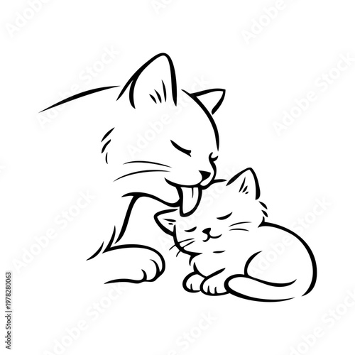 Dibujo minimalista con líneas de una madre gata limpiando a su gatito con la lengua. Concepto de amor maternal 