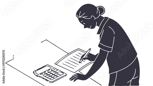 Businesswoman analyzing financial documents with calculator and money at office desk focused on budgeting and accounting tasks