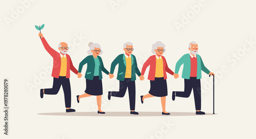 Row of five cheerful elderly people holding hands and walking together while one man happily waves a small green sprig in the air.