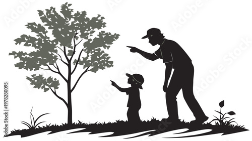 Parent teaching child about plants in nature pointing at tree learning and growth concept