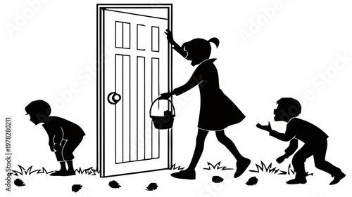 Children in silhouette opening a door with easter eggs and basket