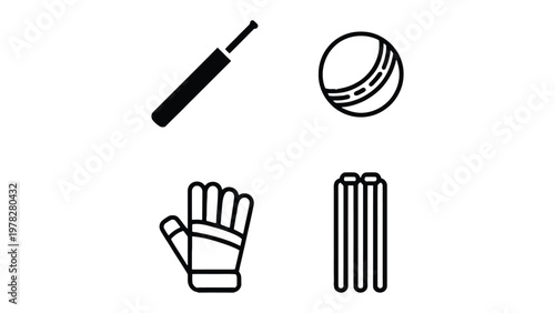 Cricket Gear Icons: An eye-level shot captures essential cricket equipment, perfectly isolated against the clean, inviting background. A bat, ball, glove, and wicket stand poised to play. 