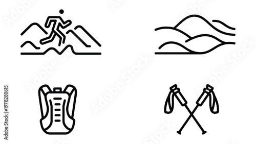 Adventure Icons: A collection of minimalist icons depicts the essence of adventure and outdoor exploration, featuring a hiker conquering a mountain range, rolling hills, a rugged backpack.