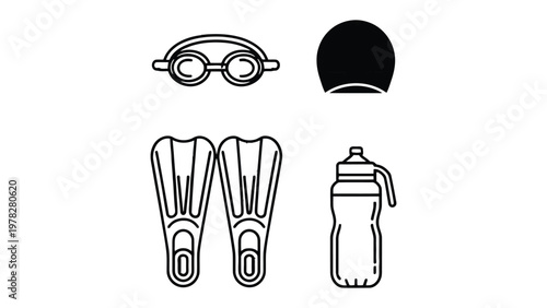 Swimming Essentials: A minimalistic illustration showcases essential gear for a refreshing swim: goggles, a cap, flippers, and a water bottle, suggesting a preparation for aquatic activity