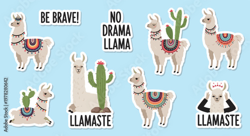 Set of cute llama stickers with various themes including a cactus and floral blankets and motivational text like Be Brave and Llamaste.