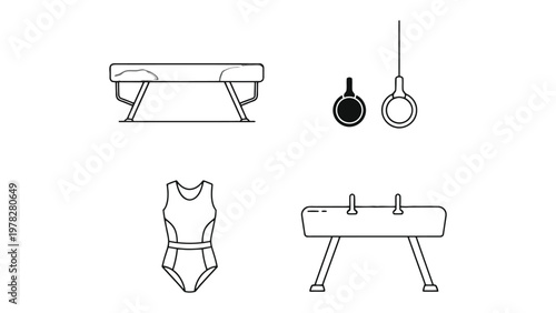 Gymnastics Gear Line Art: Detailed line art illustrations showcasing essential gymnastics equipment.