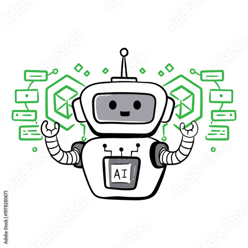AI Training and Assistance Robot Illustration with Automation and Digital Technology