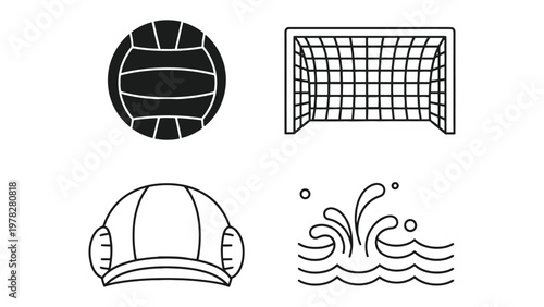 Water Polo Essentials: A simple and clean illustration showcasing the key elements of water polo. Including the ball, goal, cap and water splash.
