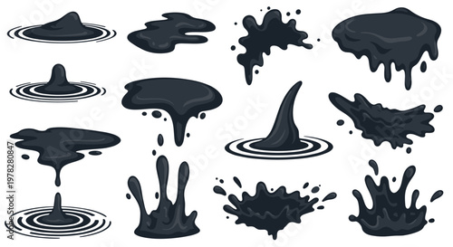Set of dark liquid splashes and drips and ripples depicting black ink or oil in various states of movement against a white background.