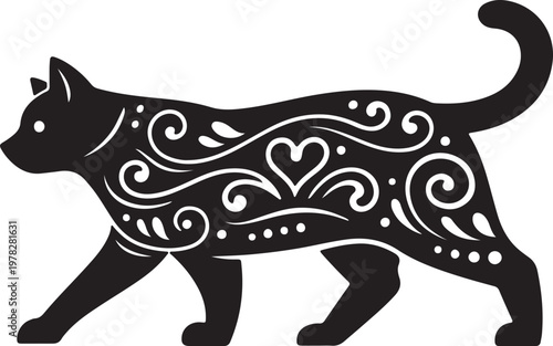 Walking Cat Scandinavian Folk Art Decorative Feline Silhouette Vector