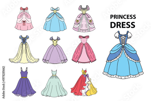 Set of Cute princess dress variant different style.