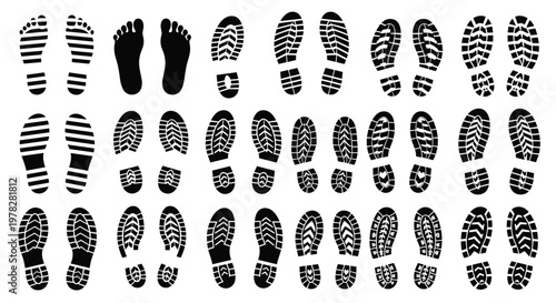 Collection of different black shoe prints and bare footprints on a white background representing paths journeys or evidence.