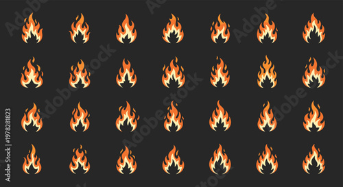 Pattern of stylized orange and yellow flame icons arranged in a grid against a dark background for fire related concepts.
