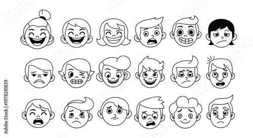 Set of eighteen cartoon children faces showing a wide range of emotions like joy sadness anger surprise and confusion.