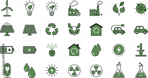 Green Energy And Ecology Vector Set Featuring Wind Turbines Solar Panels Electric Cars And Recycling Icons For Environmental Sustainability Nature Conservation And Renewable Power Graphic Designs