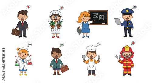 Diverse group of cartoon children dressed up in various career outfits like doctors police officers chefs and firefighters.
