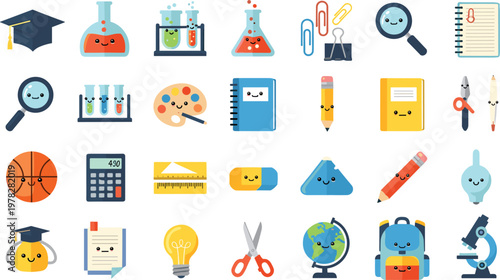 Cute School And Education Vector Set Featuring Kawaii Stationery Science Equipment Books And Graduation Cap For Classroom Learning Back To School And Student Graphic Designs