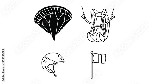 Paragliding Elements: An illustration presents key elements associated with paragliding, including the canopy, harness, helmet, and flag, providing a visual guide to this exciting adventure sport.
