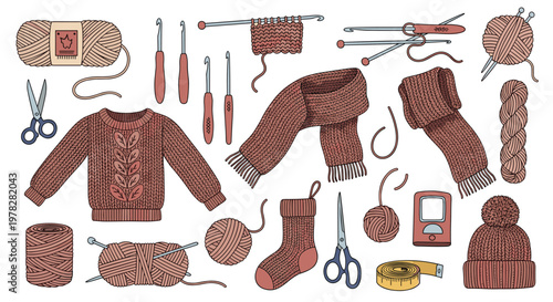 Cozy set of hand drawn knitting and crochet items including yarn balls needles hooks a sweater scarf and winter accessories.