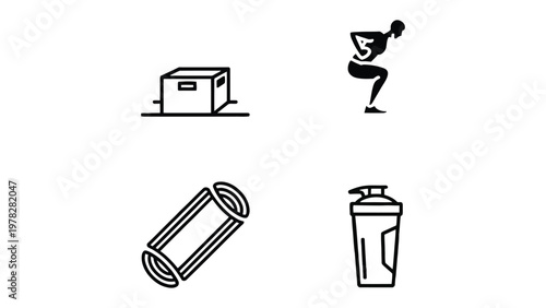 Fitness Essentials: A collection of simple, black and white line art icons depicting the essential tools and exercises needed for a effective workout. 