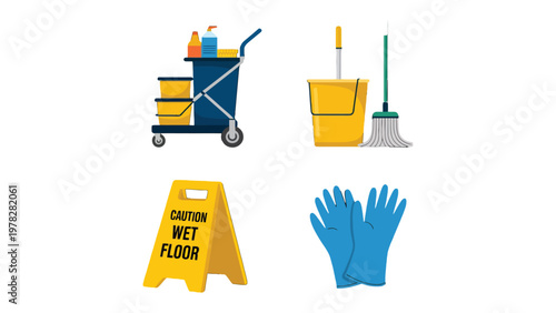 Cleaning Supplies Array: A collection of cleaning supplies is neatly arranged, ready to tackle any cleaning task. Featuring a cleaning cart, bucket, mop, caution sign, and gloves.