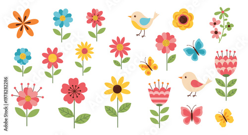 Vibrant set of colorful spring flowers cheerful birds and fluttering butterflies for garden and nature themed designs.