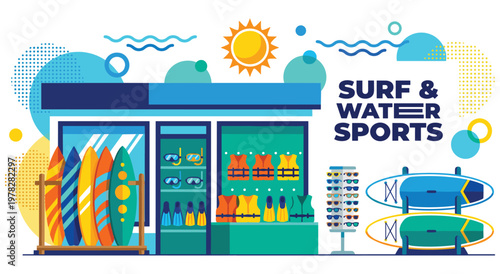 Surf and water sports shop exterior displaying equipment for activities. Storefront with surfboards, snorkeling gear, life vests. Everything needed for ocean adventures and aquatic fun.