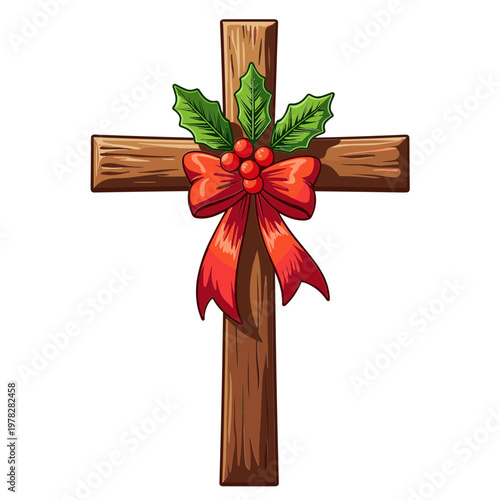 Wooden cross with red ribbon Christmas decoration flat style illustration - holiday symbol - greeting design