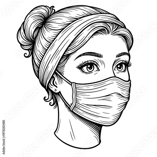 Vintage woman wearing medical mask portrait detailed sketch illustration - healthcare safety - retro style