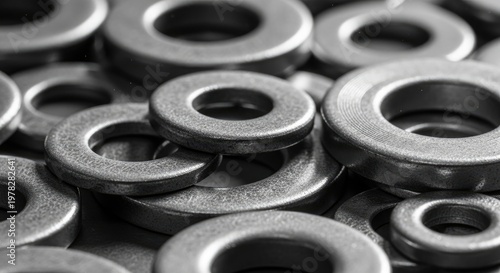 Close-up of Various Metal Washers.