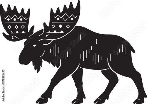 Walking Moose Scandinavian Folk Art Decorative Elk Silhouette Vector
