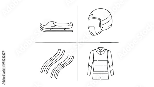 Winter Sport Essentials: A collection of essential winter sports equipment is artistically arranged, showcasing a sledge, helmet, skis, and a warm jacket, inviting the thrill of winter.