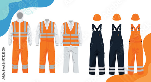 Collection of industrial safety work uniforms featuring high visibility orange vests durable dark overalls and protective helmets.