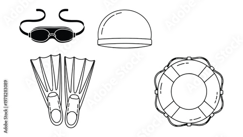 Swim Essentials in Silhouette: A minimalist, high-contrast monochrome design features swimming goggles, a swim cap, flippers, and a life buoy.
