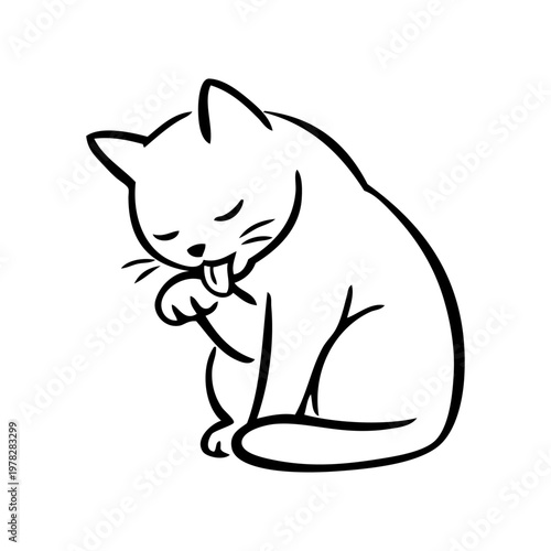 Dibujo minimalista con líneas de un gato sentado y acicalándose. Un gato se limpia la pata delantera con la lengua fuera