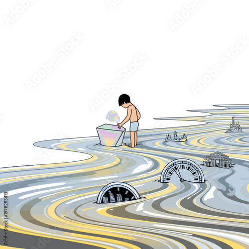 Boy standing on swirling river with clock faces and cityscape in the background washing clothes in a tub on a surreal landscape