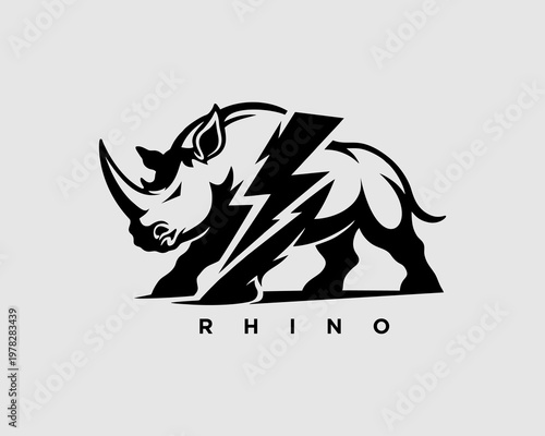 Powerful Rhino Lightning Logo Vector Silhouette, A vector illustration of a rhinoceros with a bold silhouette and lightning bolts symbolizing strength, energy, and speed. Suitable for brand logos, esp