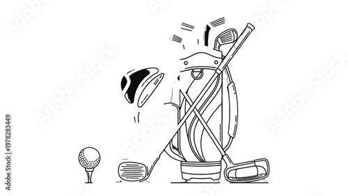 Golfing Gear Illustration: This graphic captures the essential tools of the game, showcasing a golf ball poised on a tee, accompanied by a selection of clubs and a stylish bag.