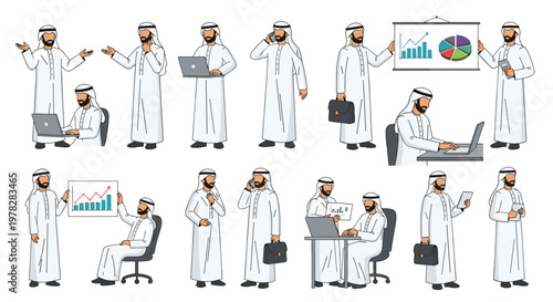 Collection of Arab business professionals in traditional attire engaged in diverse office activities and corporate presentations.