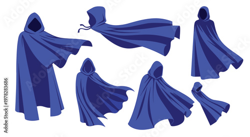 Silhouettes of mysterious figures wearing long flowing blue cloaks and hoods in several dynamic and powerful action poses.