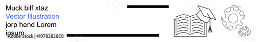 Education, e-learning, academic concepts, graduation, knowledge, innovation. An open book with a graduation cap and gear icons. Education and e-learning clearly