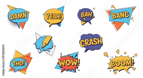 Selection of colorful comic book speech bubbles with onomatopoeia sound effects and bold creative graphic design elements.
