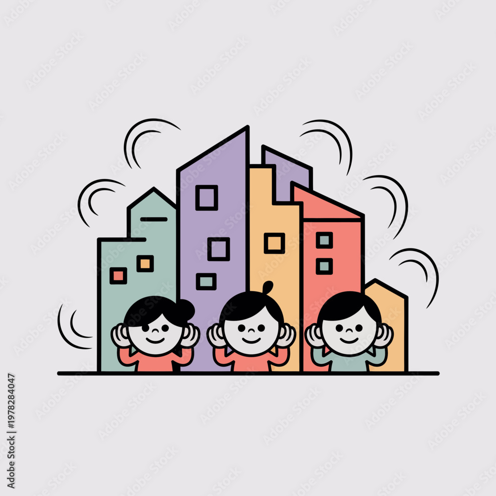 Naklejka premium Three cheerful children covering their ears near colorful buildings with motion lines around them