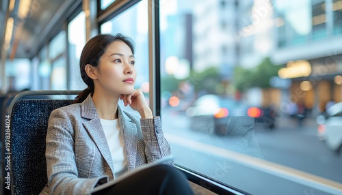 an Asian businesswoman gazes out the window of a bus with a contemplative expression