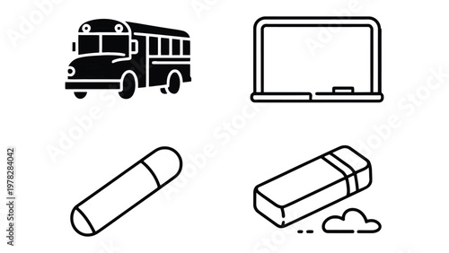 School Icon Illustration: This illustration features an educational theme using icons of a school bus, chalkboard, chalk, and eraser. Each element is presented as a minimalist icon.