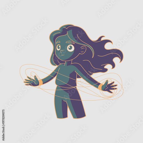 Teen girl with long hair jumping rope energetically outdoors in a playful and carefree scene with motion lines