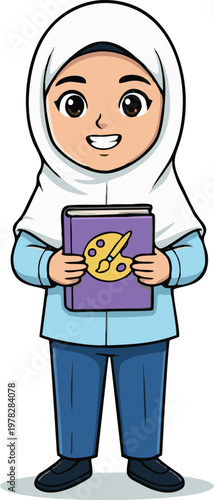 Muslim Girl Holding Art Book Smiling for Creative Education and Learning