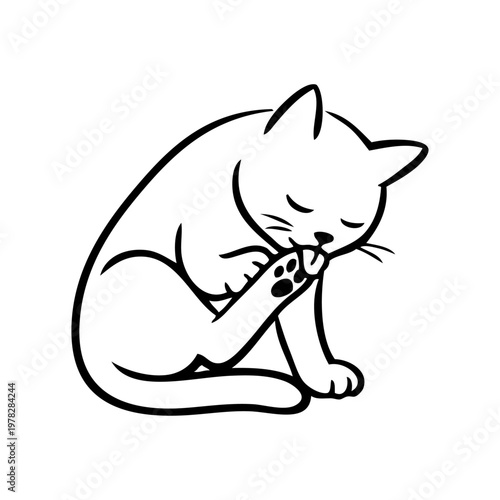 Dibujo minimalista con líneas de un gato sentado y acicalándose. Un gato se limpia la pata trasera con la lengua fuera
